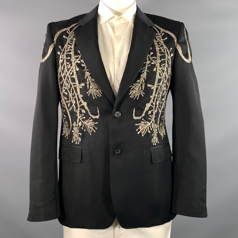 ALEXANDER MCQUEEN Chest Size 42 Black Silver Embroidery Wool Sport Coat